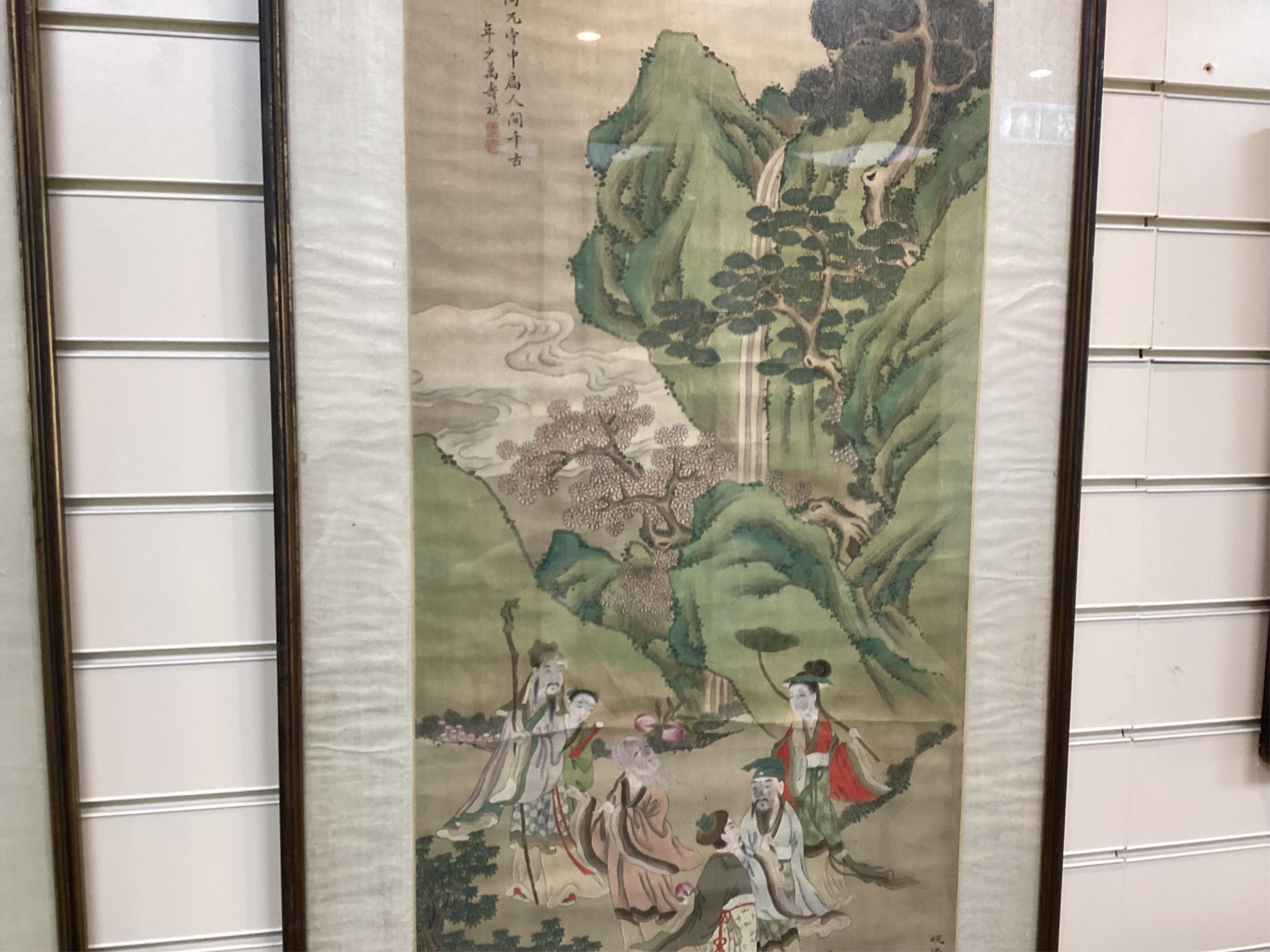 Chinese School , (late 19th century), Immortals in a landscape, Ink and colour on silk, 114.5cm x 40.5cm, excluding brocade border